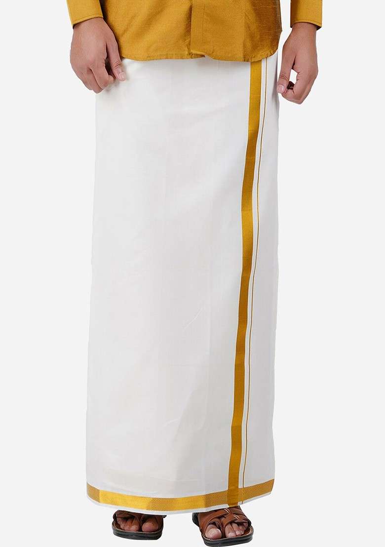 White Cotton White Solid Pure Cotton Dhotis For Men - Indya