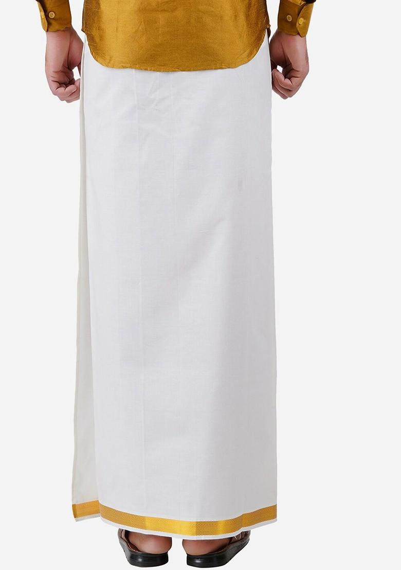 White Cotton White Solid Pure Cotton Dhotis For Men - Indya
