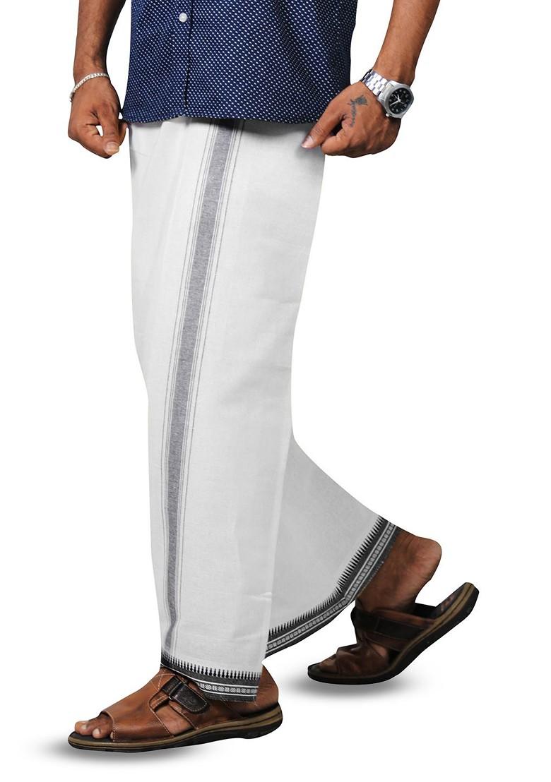 White Cotton Solid Velcro Adjustable Cotton Dhoti For Men - Indya