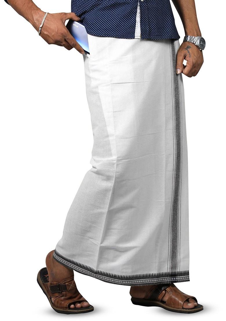 White Cotton Solid Velcro Adjustable Cotton Dhoti For Men