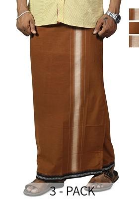 Brown Cotton Selection Of 3 Cotton Thalapathi Border Dhotis For Men