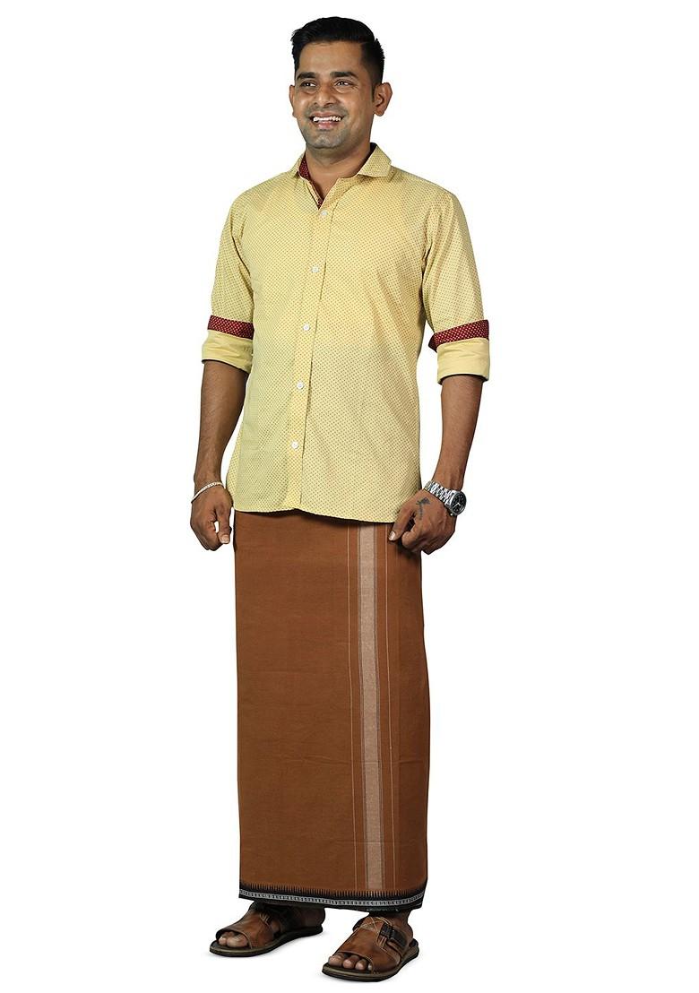 Brown Cotton Selection Of 3 Cotton Thalapathi Border Dhotis For Men - Indya