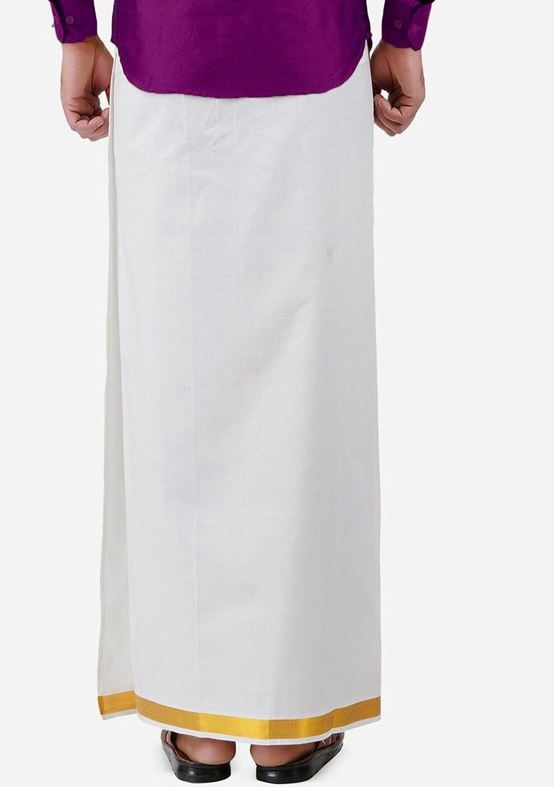 White Cotton White And Gold Coloured Solid Pure Cotton Dhoti For Men - Indya