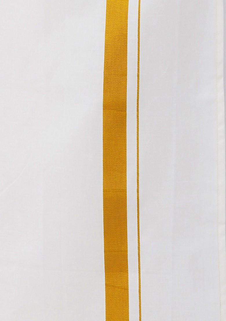 White Cotton White And Gold Coloured Solid Pure Cotton Dhoti For Men