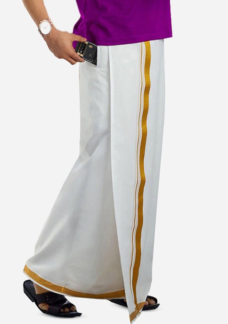 White Cotton White And Gold Coloured Solid Pure Cotton Dhoti For Men