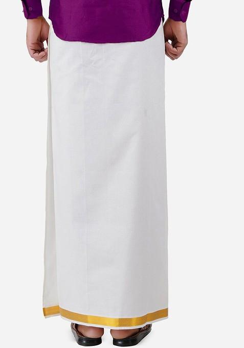 White Cotton White And Gold Coloured Solid Pure Cotton Dhoti For Men