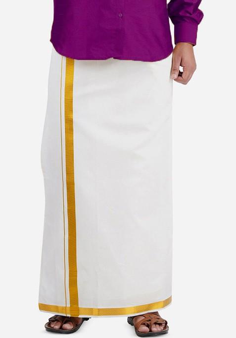 White Cotton White And Gold Coloured Solid Pure Cotton Dhoti For Men