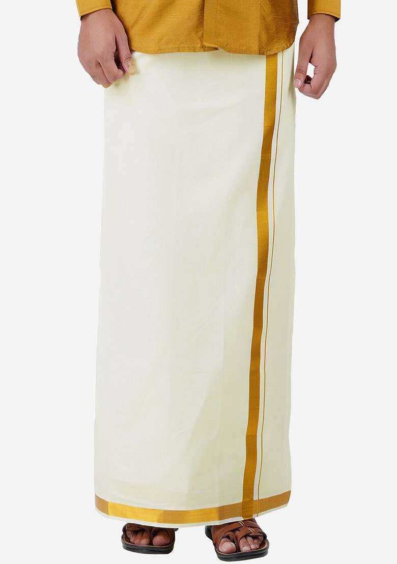 Cream Cotton Cream Solid Pure Cotton Dhotis For Men - Indya