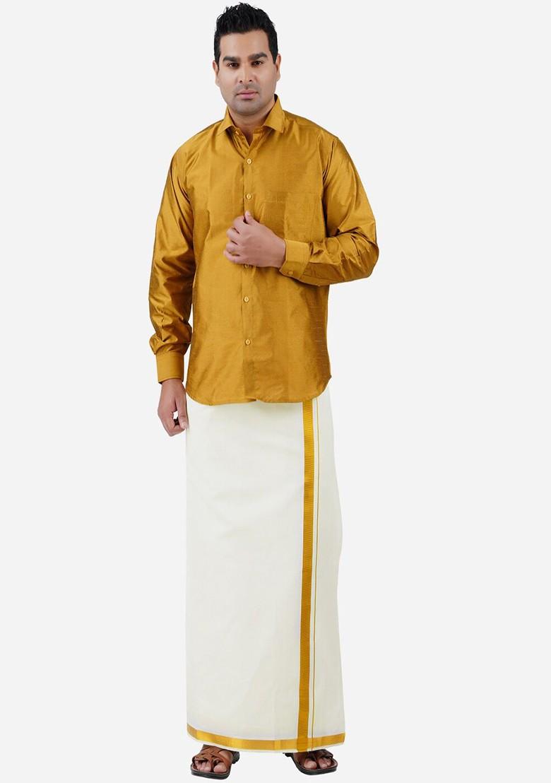 Cream Cotton Cream Solid Pure Cotton Dhotis For Men - Indya