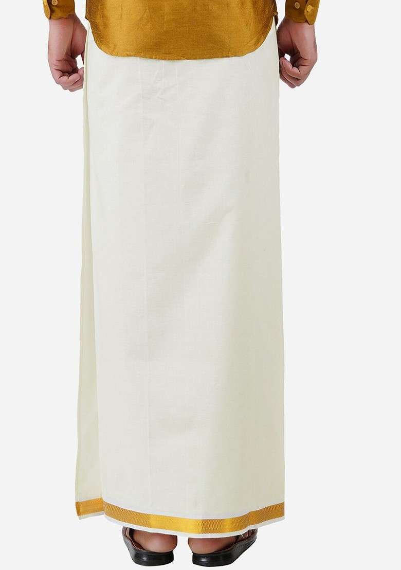 Cream Cotton Cream Solid Pure Cotton Dhotis For Men - Indya
