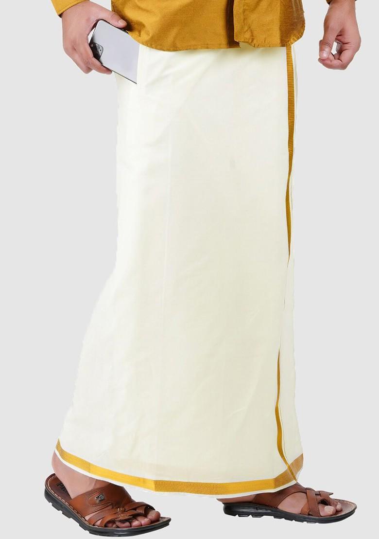 Cream Cotton Cream Solid Pure Cotton Dhotis For Men - Indya