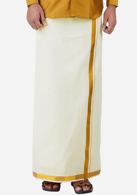 Cream Cotton Cream Solid Pure Cotton Dhotis For Men