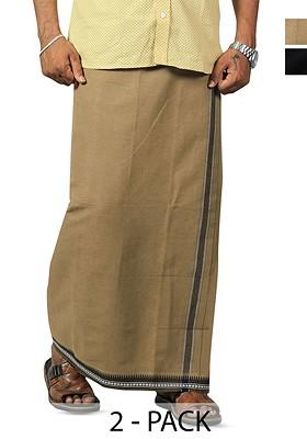 Black Cotton Selection Of 2 Cotton Thalapathi Border Dhotis For Men