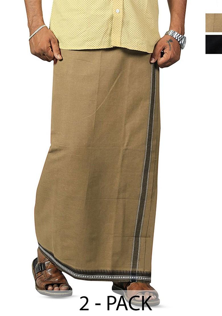 Black Cotton Selection Of 2 Cotton Thalapathi Border Dhotis For Men - Indya