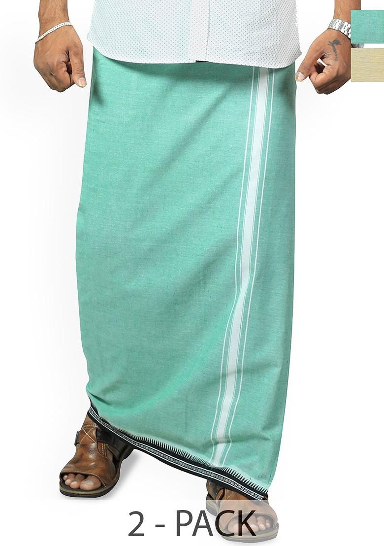 Green Cotton Selection Of 2 Kerala Style Thalapathi Pure Cotton Dhotis For Men