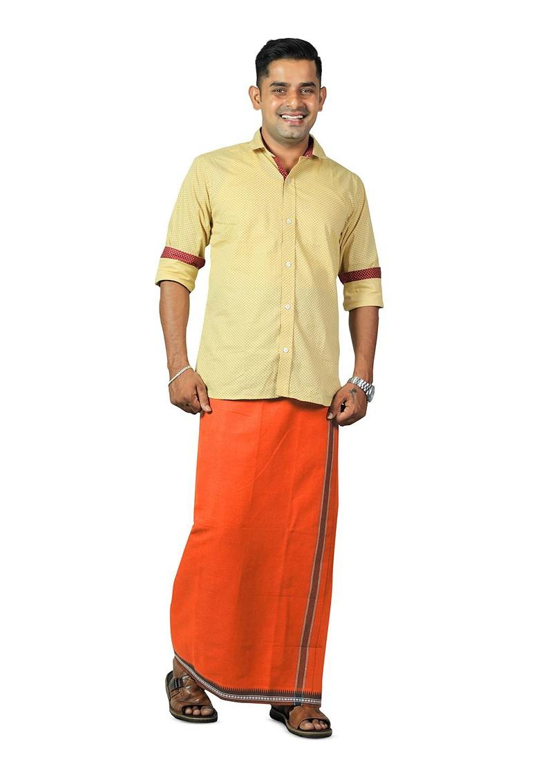 Orange Cotton Pack Of 2 Cotton Dhotis For Men - Indya