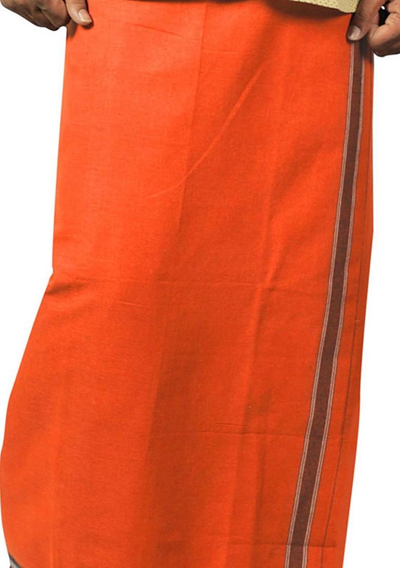 Orange Cotton Pack Of 2 Cotton Dhotis For Men - Indya