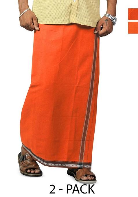 Orange Cotton Pack Of 2 Cotton Dhotis For Men