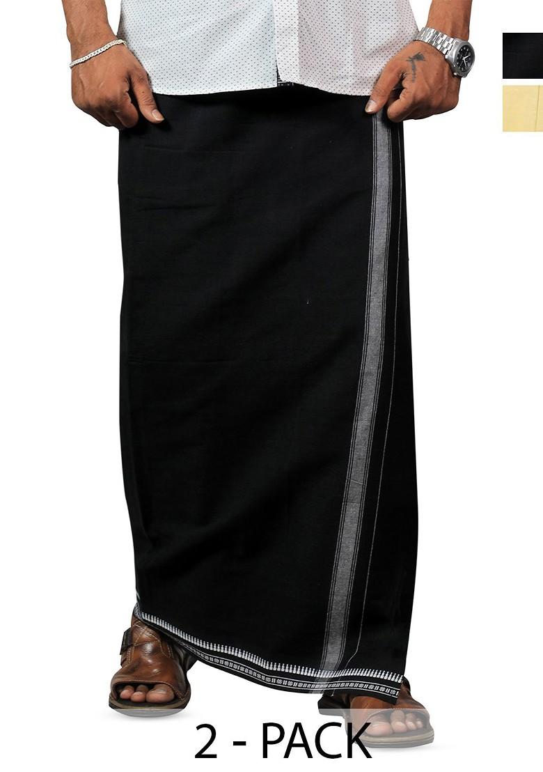 Black Cotton Selection Of 2 Kerala Style Thalapathi Pure Cotton Dhotis For Men