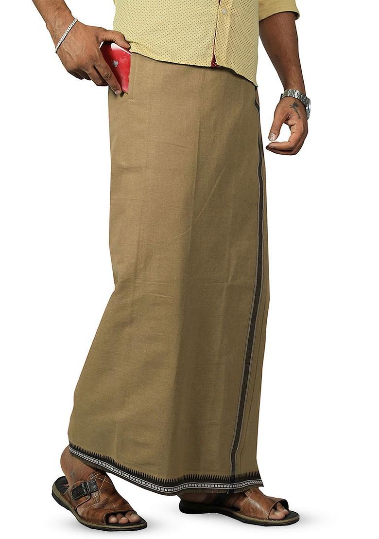 Beige Cotton Solid Border Velcro Cotton Adjustable Pocket Dhoti For Men - Indya