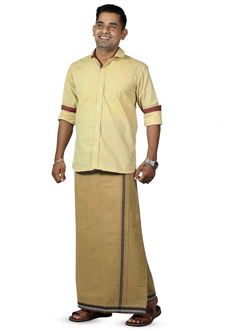 Beige Cotton Solid Border Velcro Cotton Adjustable Pocket Dhoti For Men