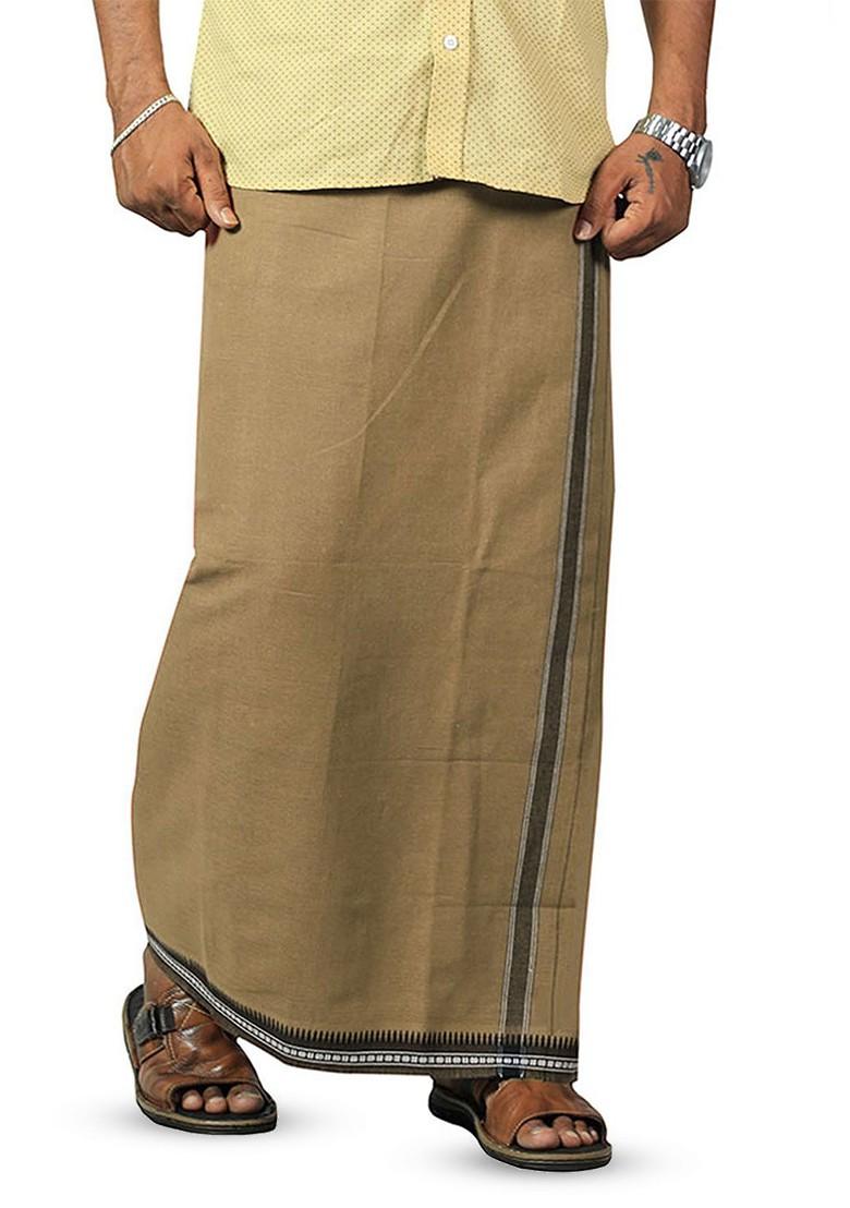 Beige Cotton Solid Border Velcro Cotton Adjustable Pocket Dhoti For Men - Indya