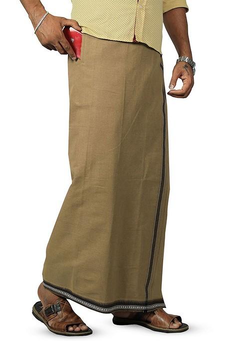 Beige Cotton Solid Border Velcro Cotton Adjustable Pocket Dhoti For Men