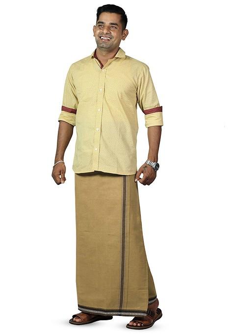 Beige Cotton Solid Border Velcro Cotton Adjustable Pocket Dhoti For Men