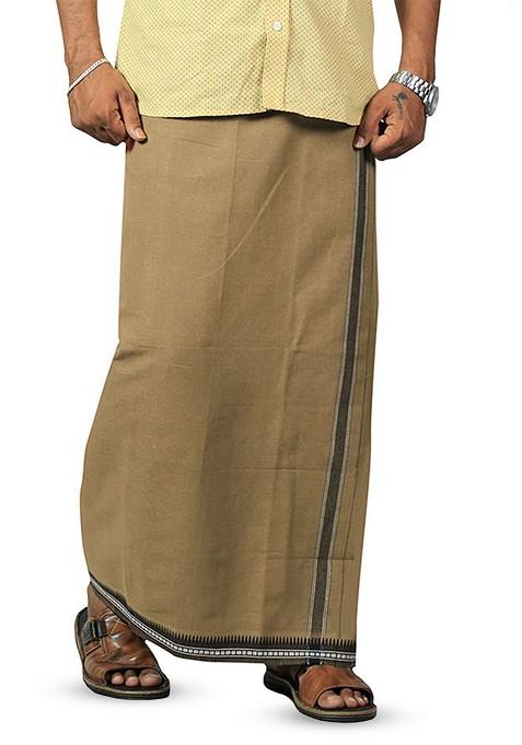 Beige Cotton Solid Border Velcro Cotton Adjustable Pocket Dhoti For Men