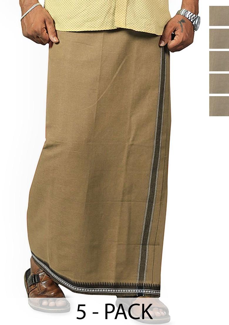 Beige Cotton Pack Of 5 Cotton Dhotis For Men - Indya