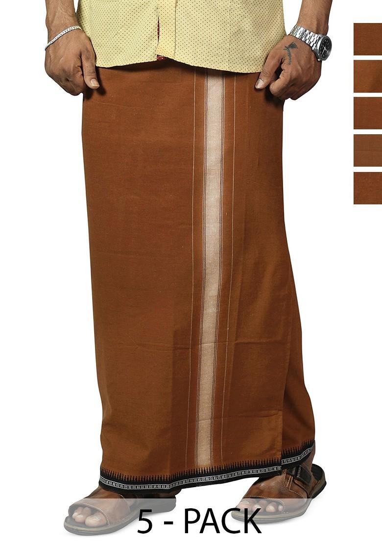 Brown Cotton Selection Of 5 Pure Cotton Dhotis For Men - Indya