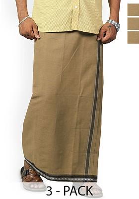 Beige Cotton Selection Of 3 Pure Cotton Dhotis For Men