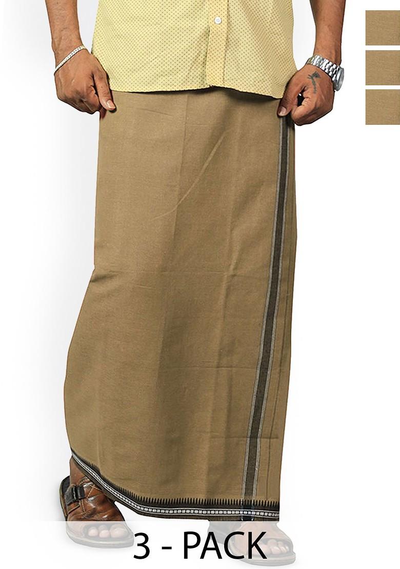 Beige Cotton Selection Of 3 Pure Cotton Dhotis For Men