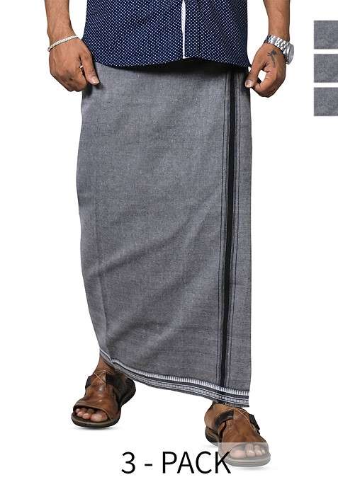 Grey Cotton Pack Of 3 Kerala Style Thalapathi Border Pure Cotton Dhotis For Men