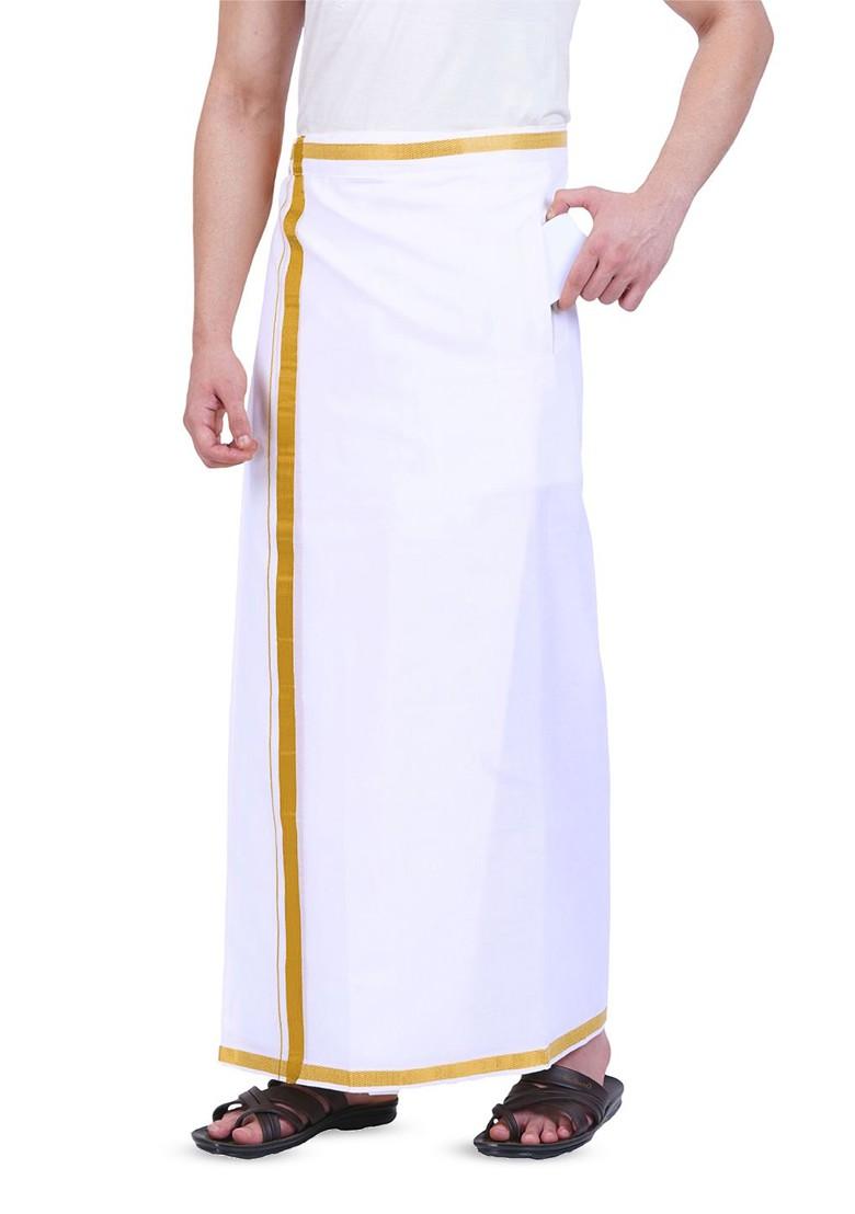White Cotton Pure Cotton Adjustable Pocket Dhoti For Men