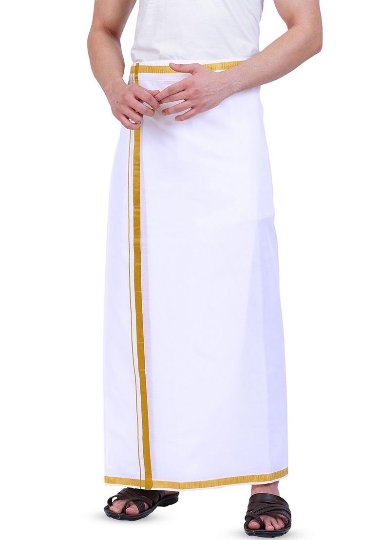 White Cotton Pure Cotton Adjustable Pocket Dhoti For Men - Indya