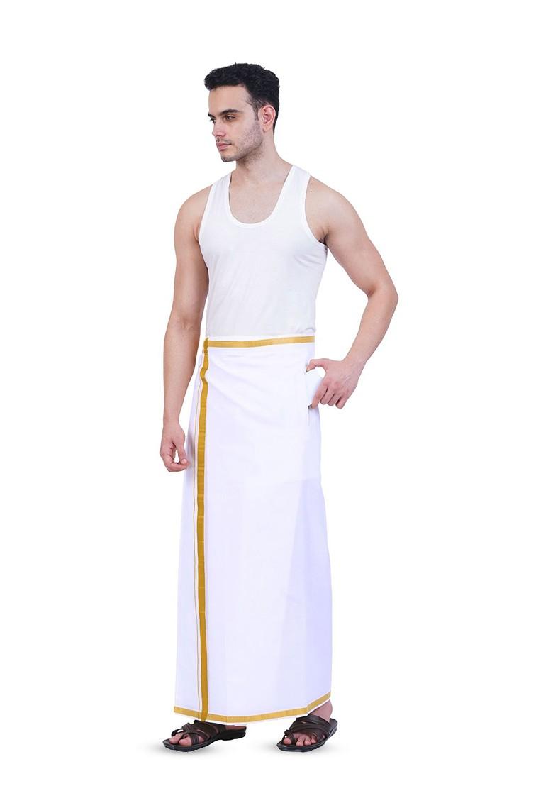 White Cotton Pure Cotton Adjustable Pocket Dhoti For Men
