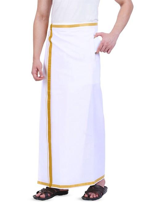White Cotton Pure Cotton Adjustable Pocket Dhoti For Men
