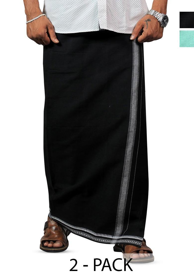 Black Cotton Selection Of 2 Pure Cotton Dhotis For Men - Indya