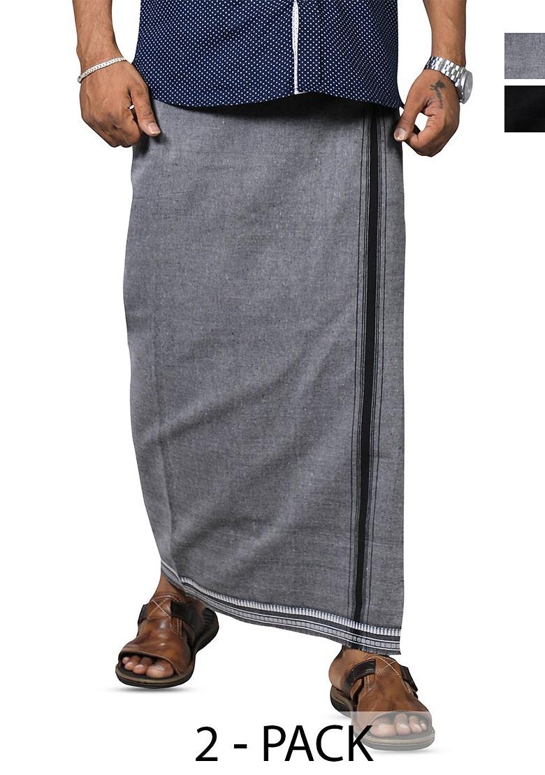 Black Cotton Pack Of 2 Solid Cotton Dhotis For Men