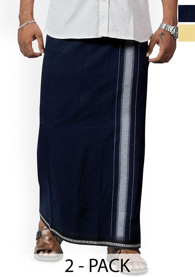 Yellow Cotton Pack Of 2 Cotton Dhotis For Men