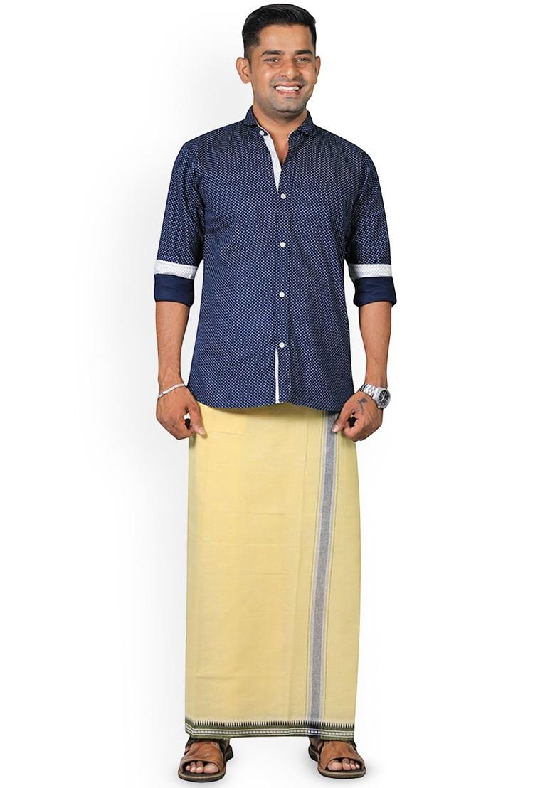 Yellow Cotton Pack Of 2 Cotton Dhotis For Men