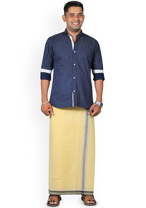 Yellow Cotton Pack Of 2 Cotton Dhotis For Men