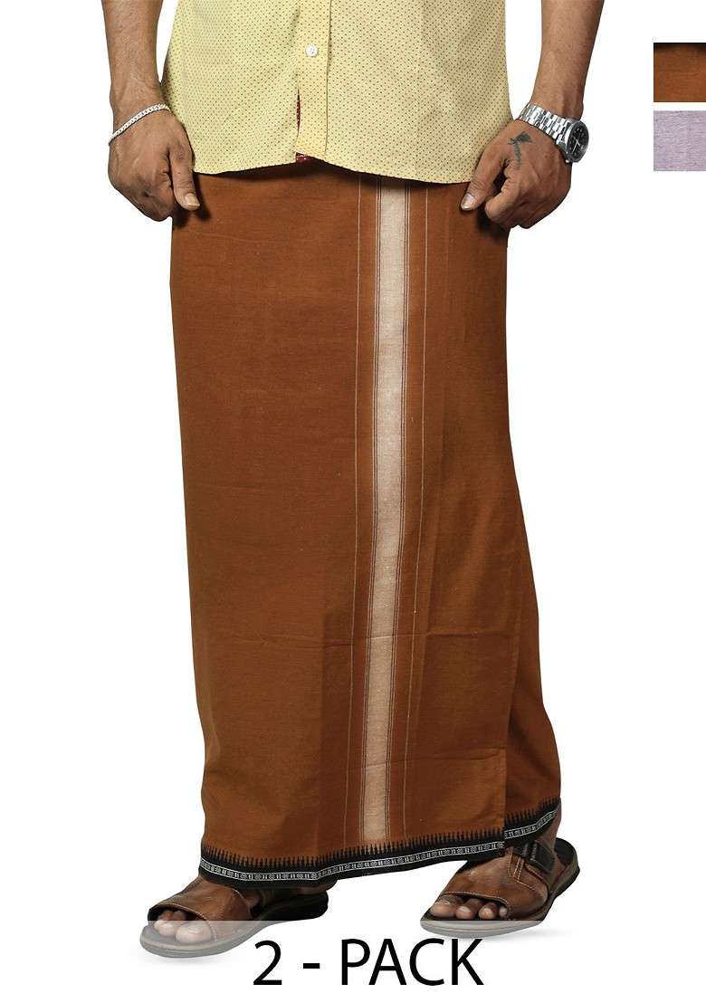 Purple Cotton Selection Of 2 Cotton Thalapathi Border Dhotis For Men - Indya