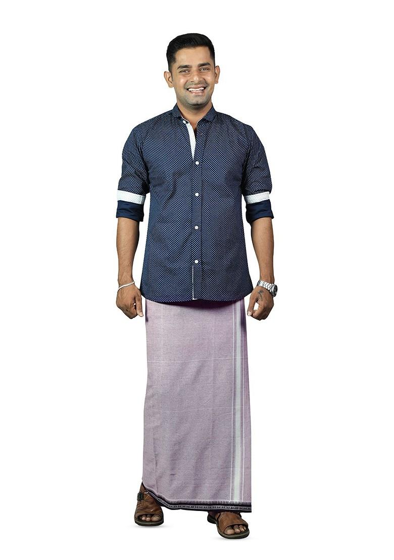 Purple Cotton Selection Of 2 Cotton Thalapathi Border Dhotis For Men - Indya