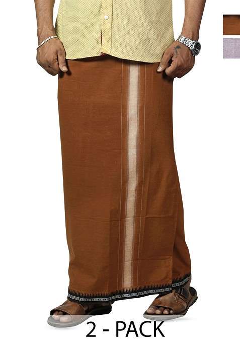 Purple Cotton Selection Of 2 Cotton Thalapathi Border Dhotis For Men