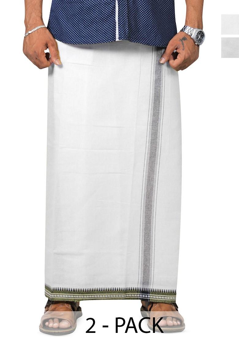 White Cotton Selection Of 2 Cotton Thalapathi Border Dhotis For Men
