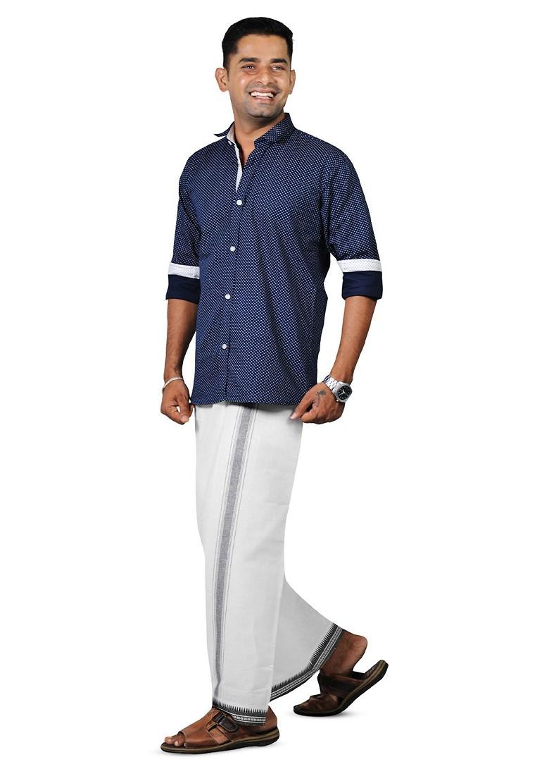 White Cotton Selection Of 2 Cotton Thalapathi Border Dhotis For Men - Indya