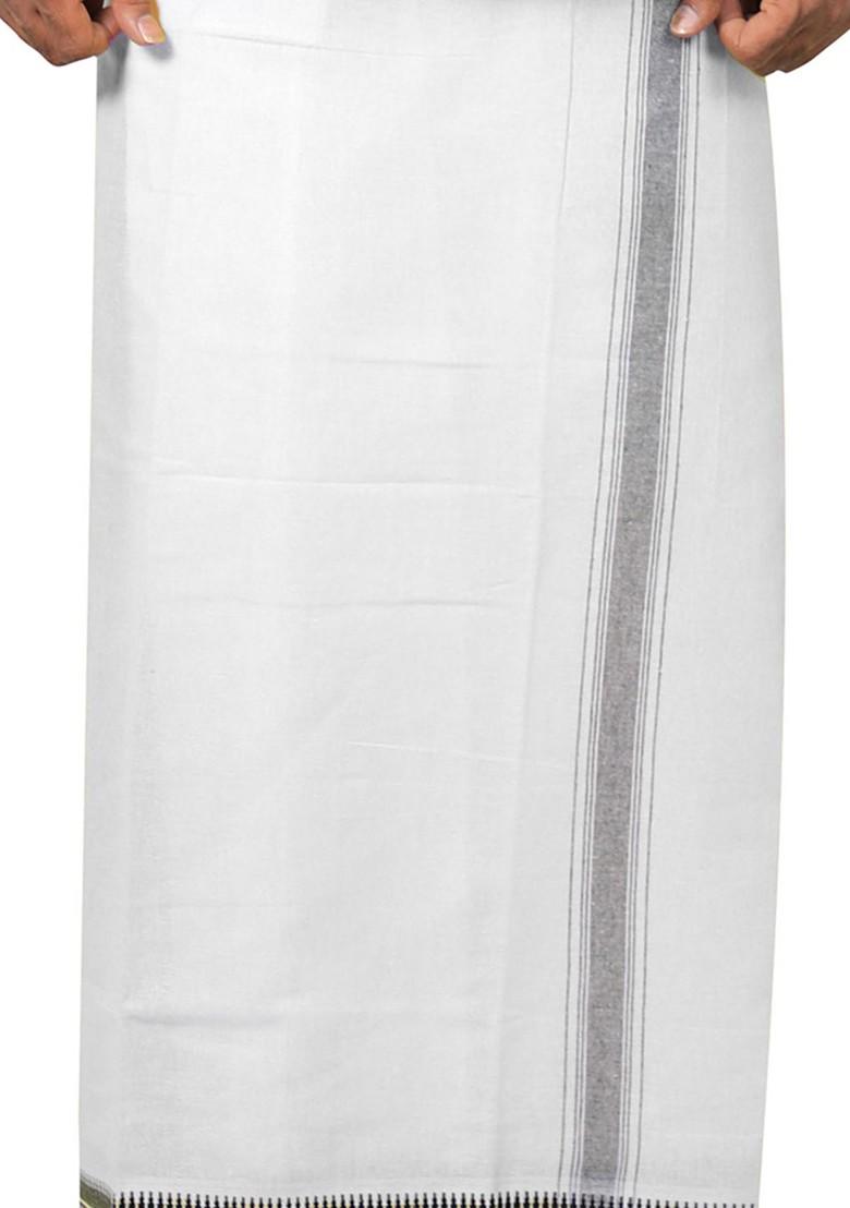 White Cotton Selection Of 2 Cotton Thalapathi Border Dhotis For Men