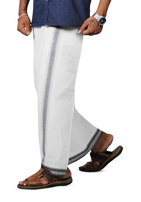 White Cotton Selection Of 2 Cotton Thalapathi Border Dhotis For Men